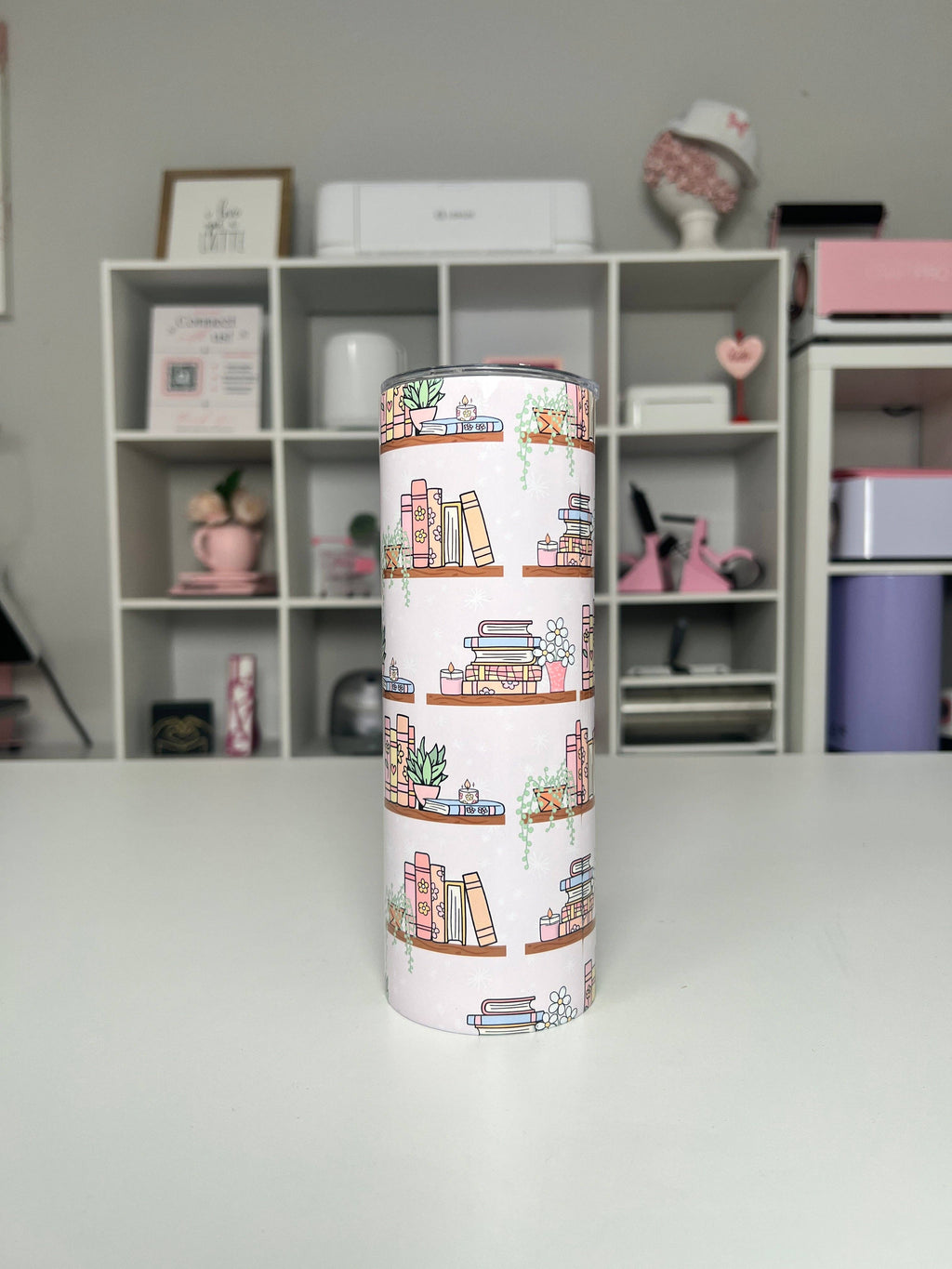 Bookshelf 20oz tumbler, Book Vibes quencher, Books and Plants 20oz custom tumbler