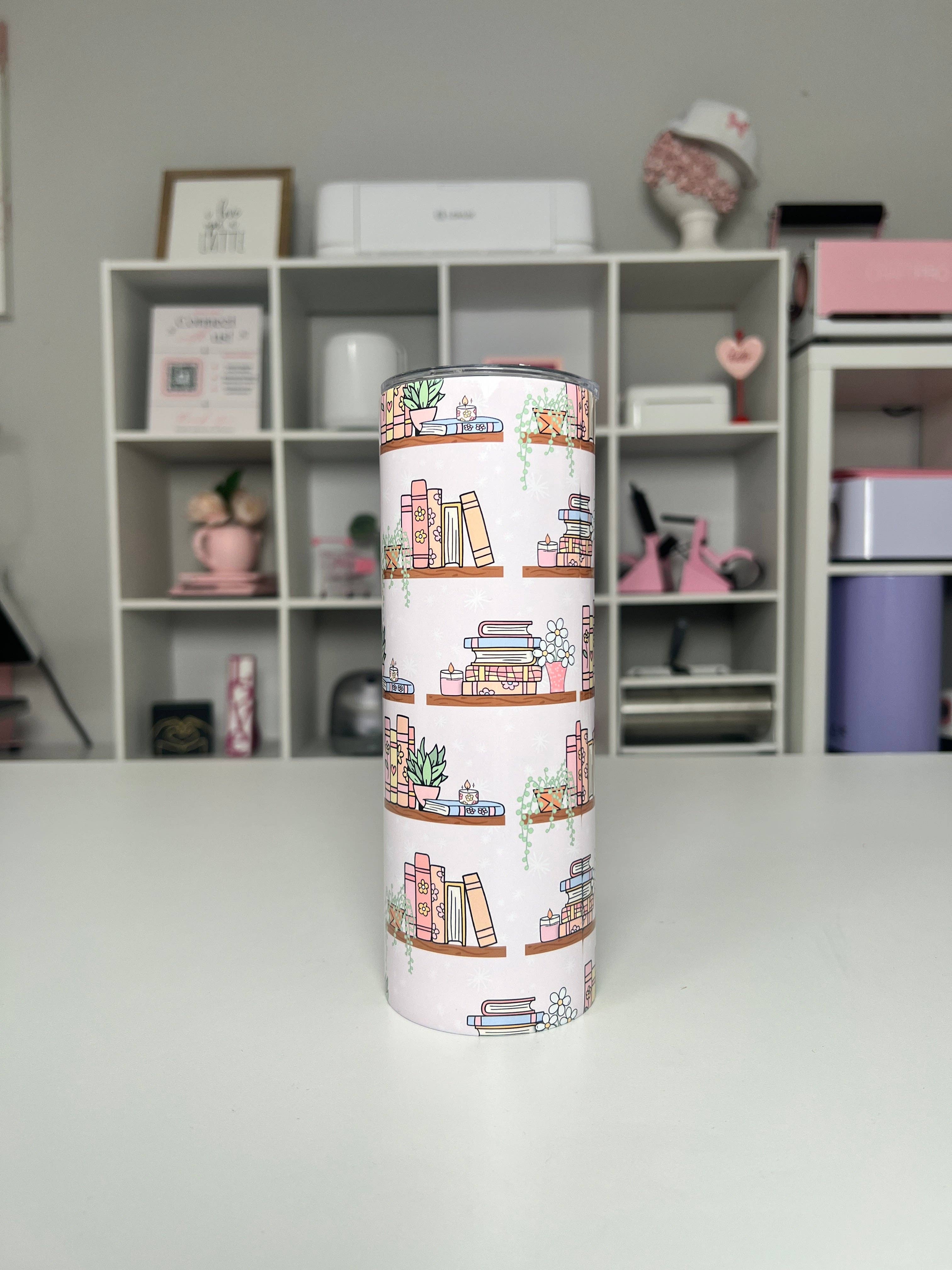 Bookshelf 20oz tumbler, Book Vibes quencher, Books and Plants 20oz custom tumbler