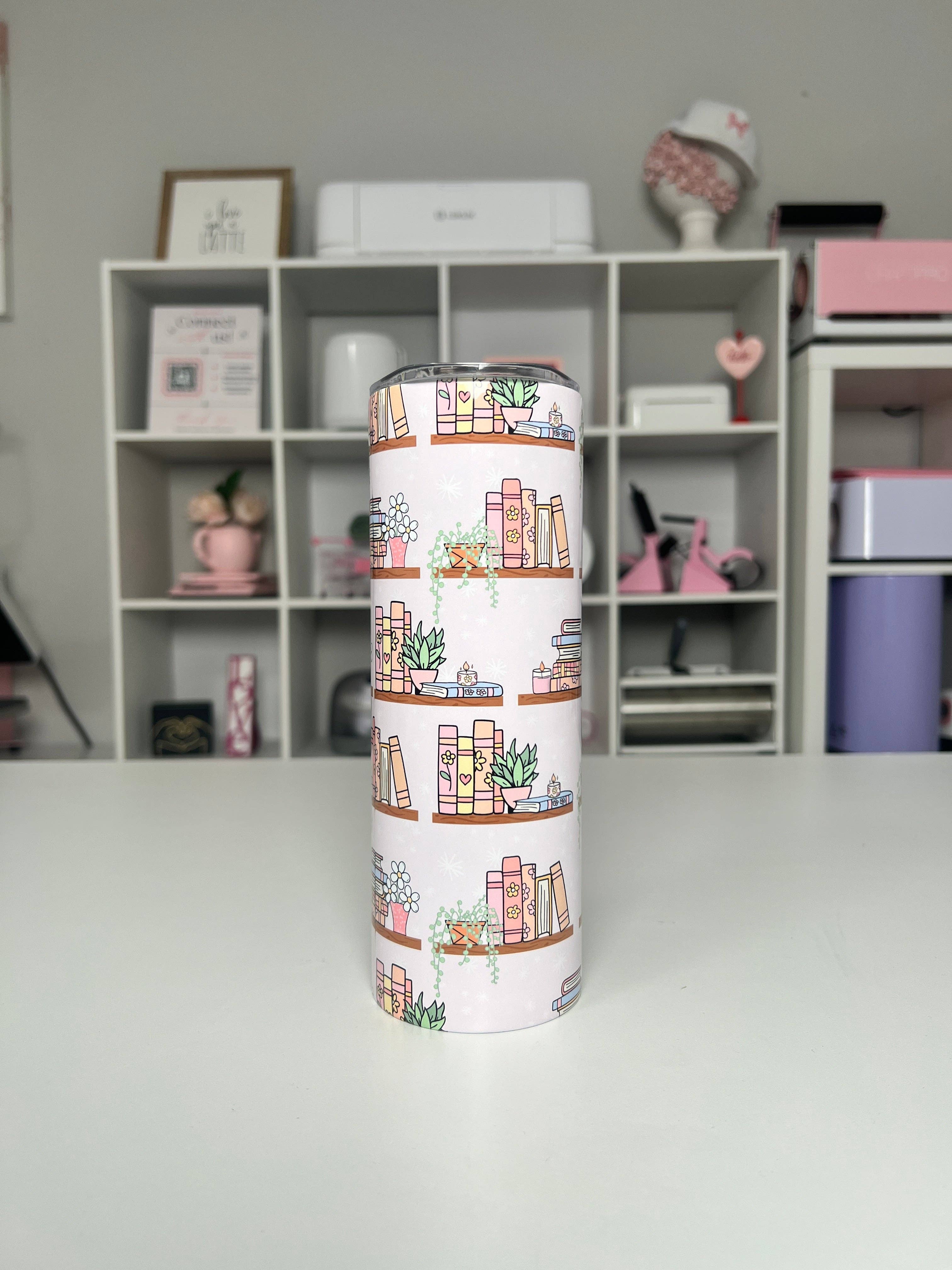 Bookshelf 20oz tumbler, Book Vibes quencher, Books and Plants 20oz custom tumbler