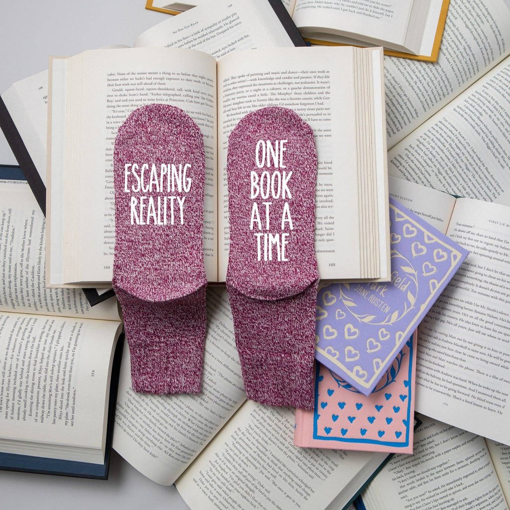 "Escaping Reality One Book at a Time" Women's Socks for Fantasy Readers: Berry