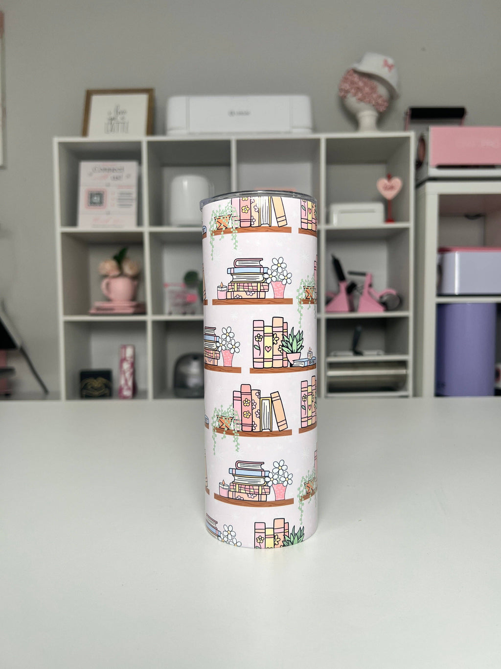 Bookshelf 20oz tumbler, Book Vibes quencher, Books and Plants 20oz custom tumbler