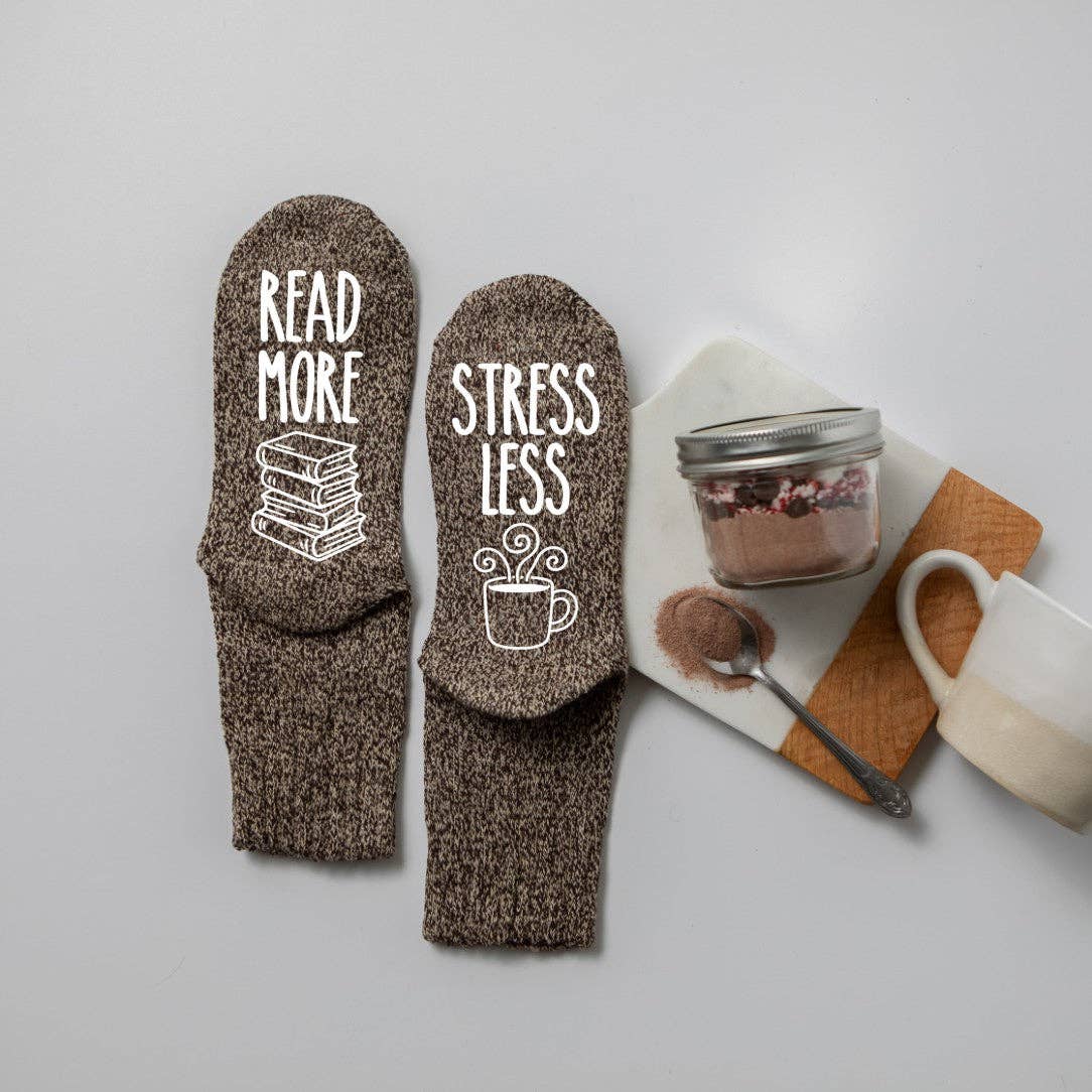 Read More, Stress Less. Coffee Lover Socks: Maroon